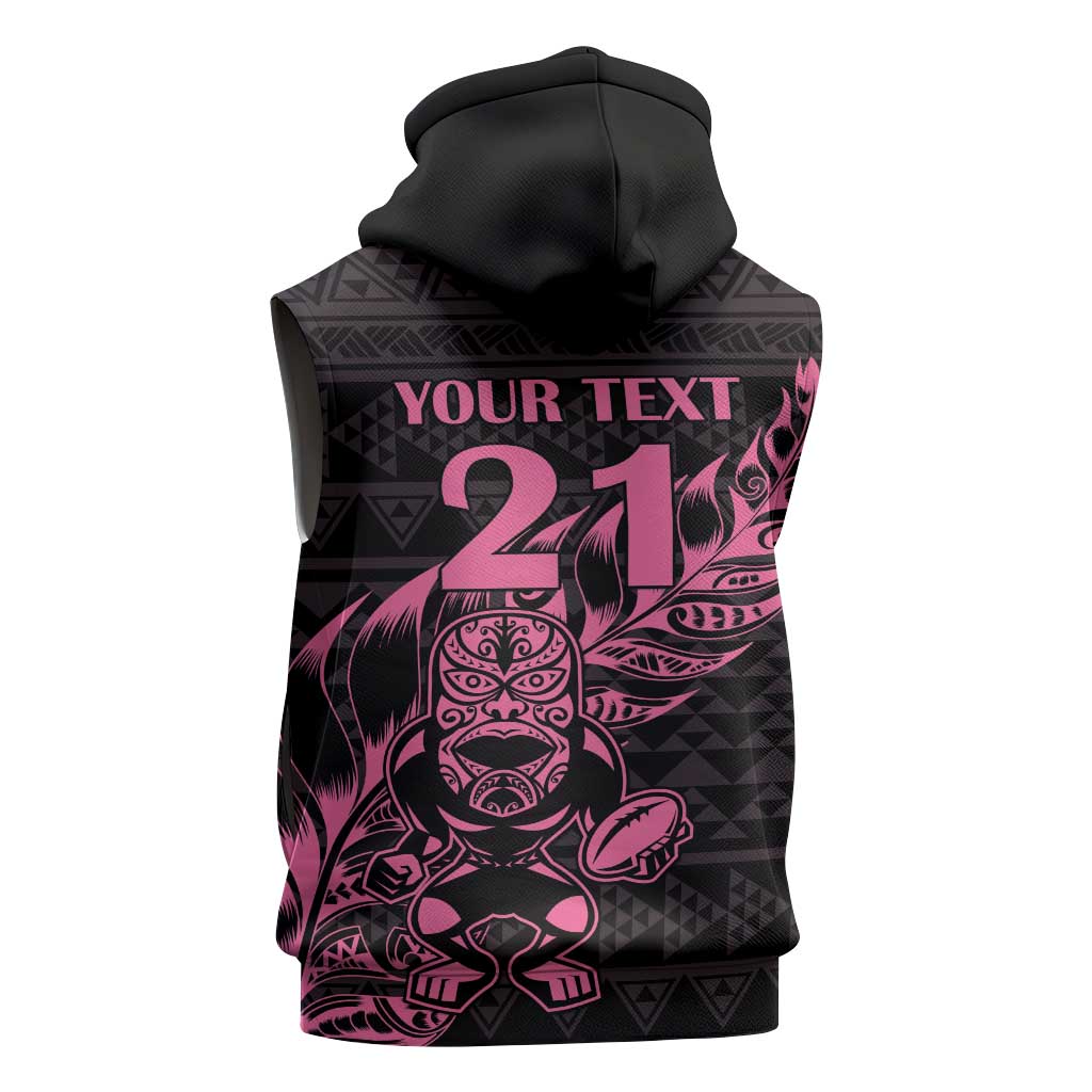 New Zealand Rugby Warrior Custom Sleeveless Zip Hoodie Pink Fern Taniko Motif - Polynesian Pride