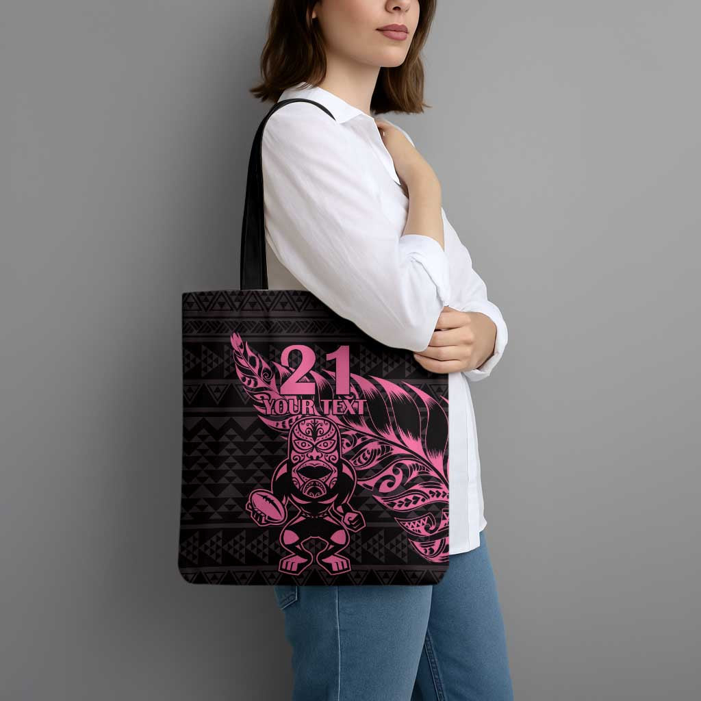 New Zealand Rugby Warrior Custom Tote Bag Pink Fern Taniko Motif - Polynesian Pride