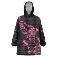 New Zealand Rugby Warrior Custom Wearable Blanket Hoodie Pink Fern Taniko Motif