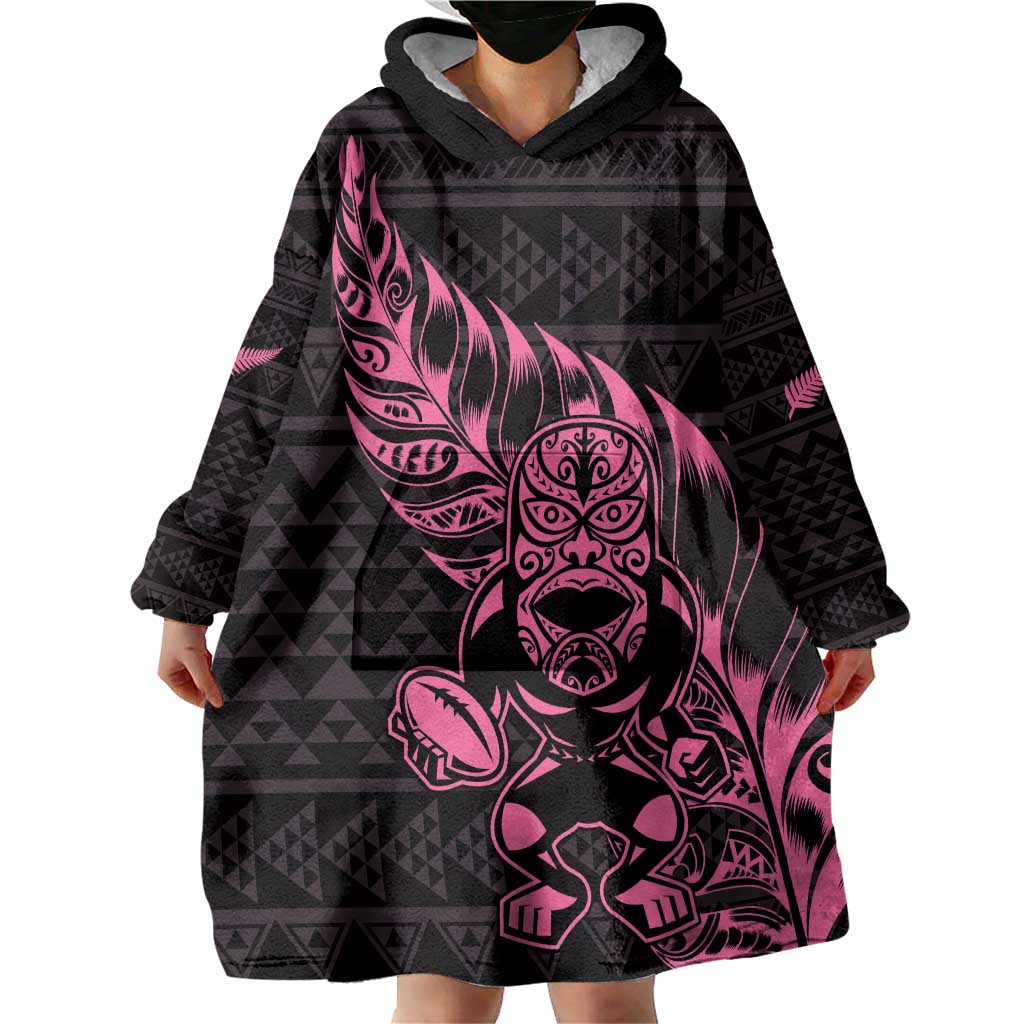 New Zealand Rugby Warrior Custom Wearable Blanket Hoodie Pink Fern Taniko Motif