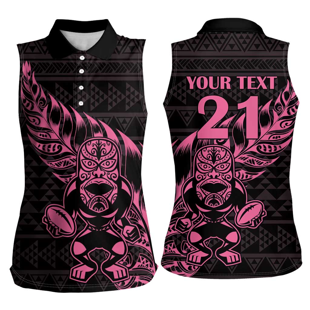 New Zealand Rugby Warrior Custom Women Sleeveless Polo Shirt Pink Fern Taniko Motif