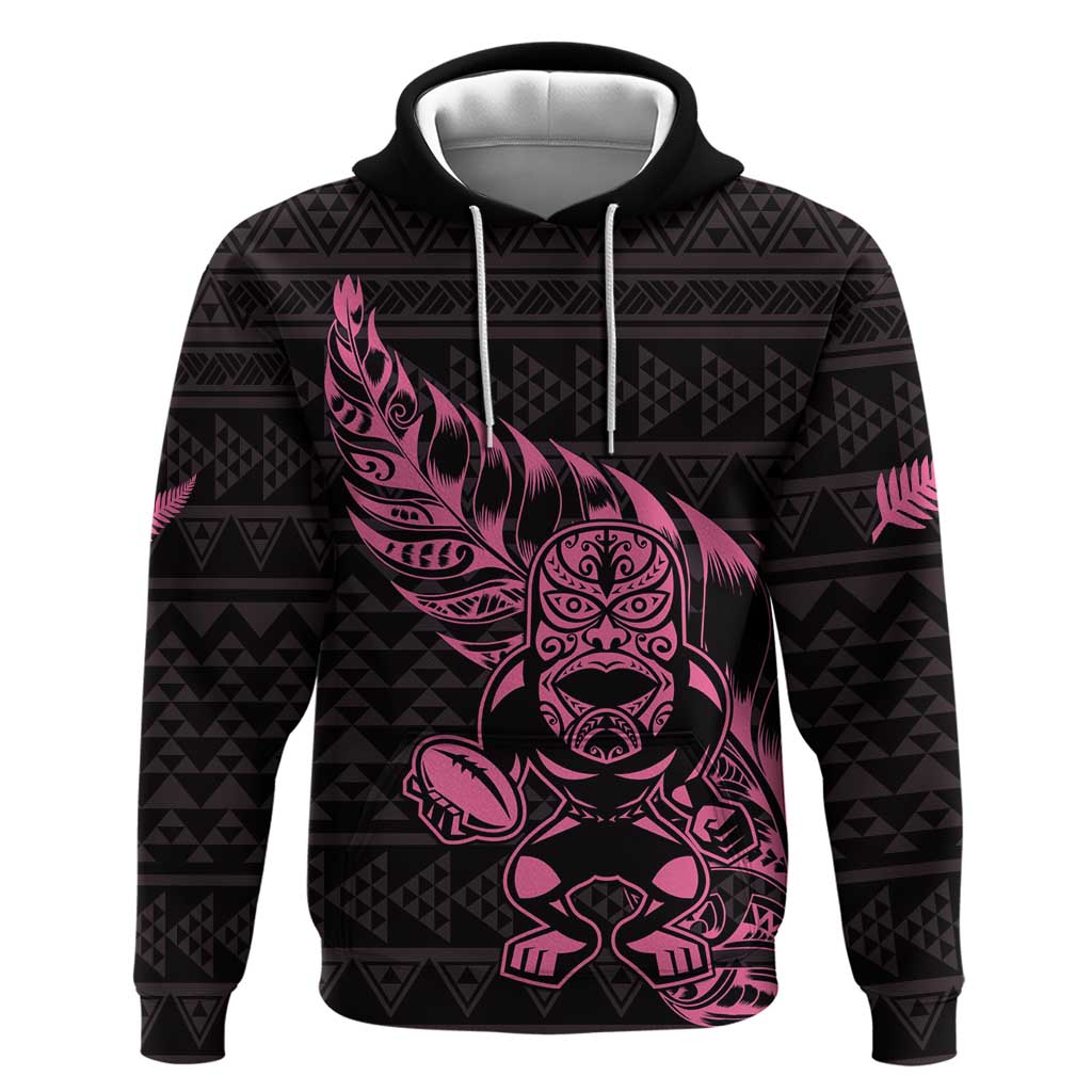 New Zealand Rugby Warrior Custom Zip Hoodie Pink Fern Taniko Motif