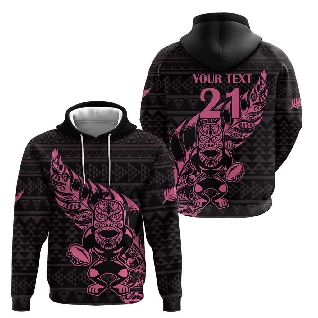 New Zealand Rugby Warrior Custom Zip Hoodie Pink Fern Taniko Motif