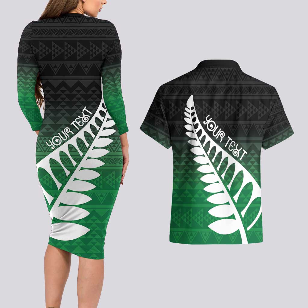 Green Silver Fern Spirit Taniko Tukutuku Personalised Couples Matching Long Sleeve Bodycon Dress and Hawaiian Shirt