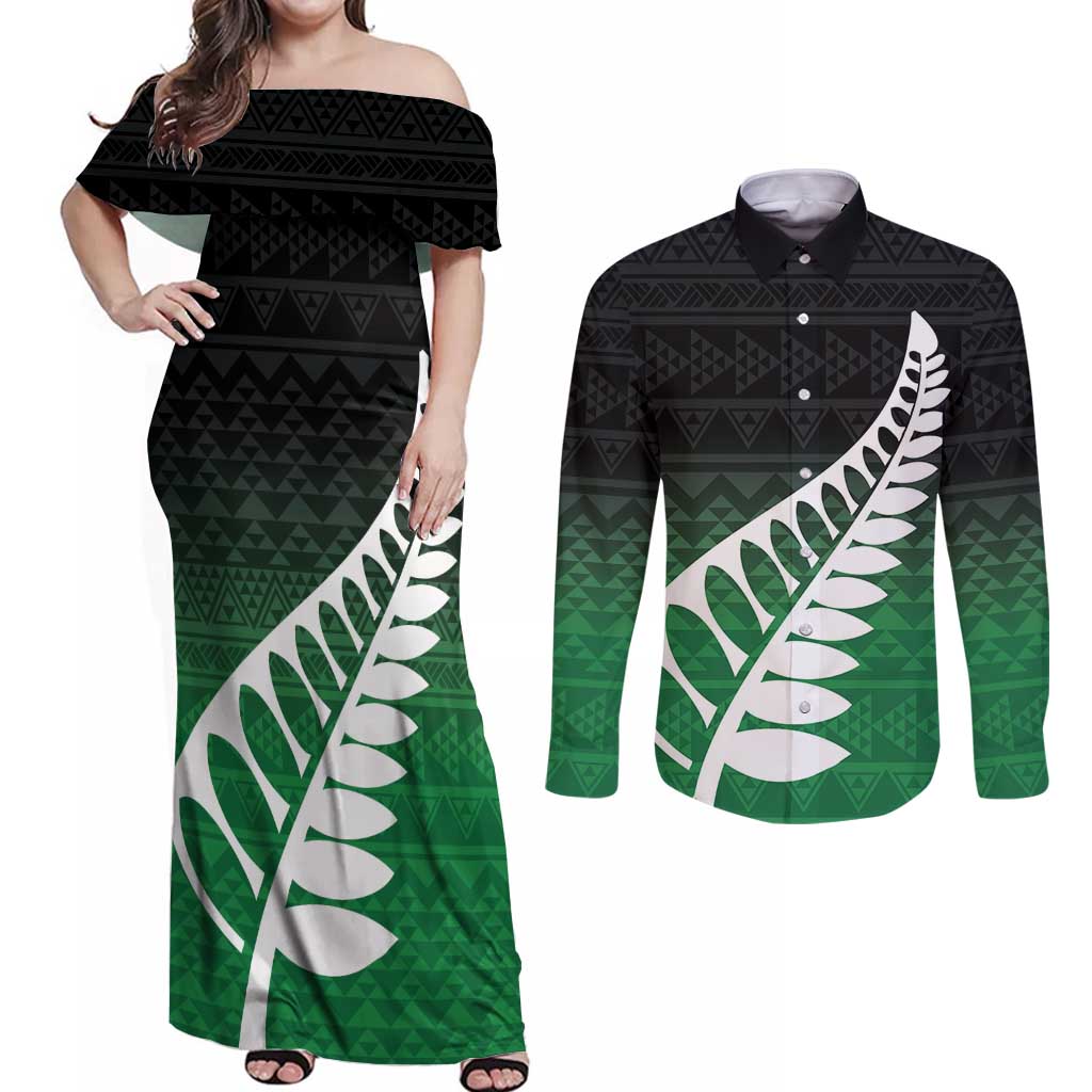 Green Silver Fern Spirit Taniko Tukutuku Personalised Couples Matching Off Shoulder Maxi Dress and Long Sleeve Button Shirt