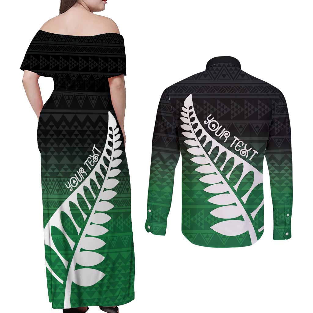 Green Silver Fern Spirit Taniko Tukutuku Personalised Couples Matching Off Shoulder Maxi Dress and Long Sleeve Button Shirt