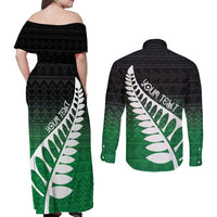 Green Silver Fern Spirit Taniko Tukutuku Personalised Couples Matching Off Shoulder Maxi Dress and Long Sleeve Button Shirt