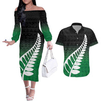 Green Silver Fern Spirit Taniko Tukutuku Personalised Couples Matching Off The Shoulder Long Sleeve Dress and Hawaiian Shirt