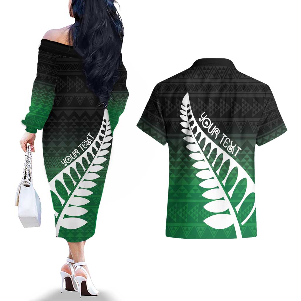 Green Silver Fern Spirit Taniko Tukutuku Personalised Couples Matching Off The Shoulder Long Sleeve Dress and Hawaiian Shirt
