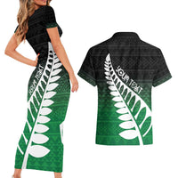 Green Silver Fern Spirit Taniko Tukutuku Personalised Couples Matching Short Sleeve Bodycon Dress and Hawaiian Shirt
