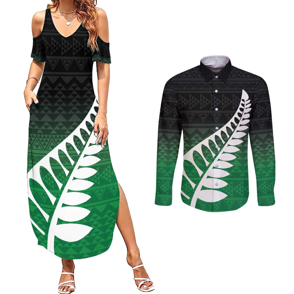 Green Silver Fern Spirit Taniko Tukutuku Personalised Couples Matching Summer Maxi Dress and Long Sleeve Button Shirt
