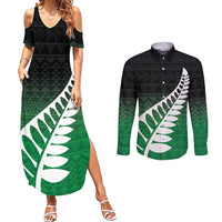 Green Silver Fern Spirit Taniko Tukutuku Personalised Couples Matching Summer Maxi Dress and Long Sleeve Button Shirt