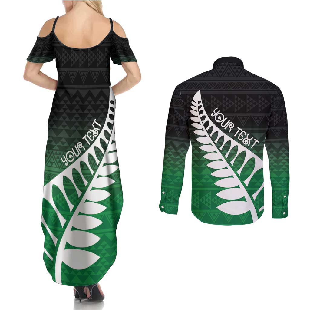 Green Silver Fern Spirit Taniko Tukutuku Personalised Couples Matching Summer Maxi Dress and Long Sleeve Button Shirt