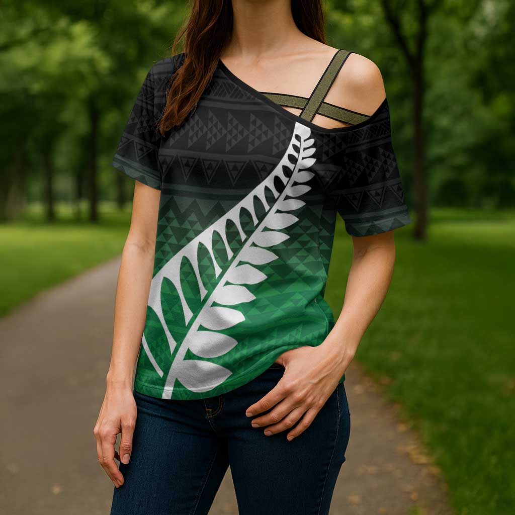 Green Silver Fern Spirit Taniko Tukutuku Personalised Cross Shoulder Shirt - Polynesian Pride