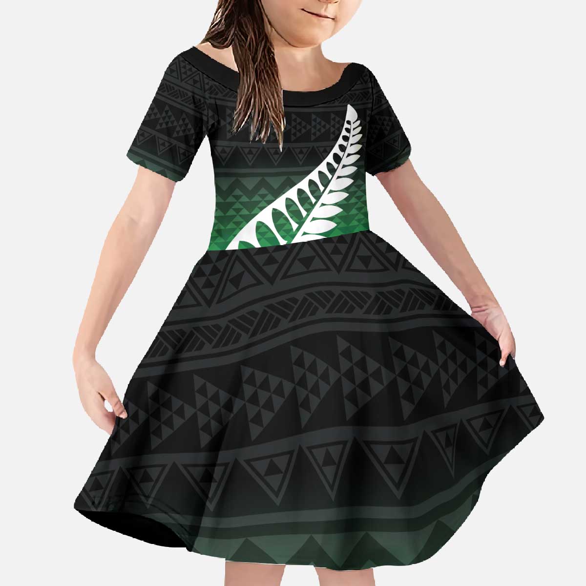 Green Silver Fern Spirit Taniko Tukutuku Personalised Family Matching Off The Shoulder Long Sleeve Dress and Hawaiian Shirt
