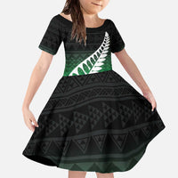 Green Silver Fern Spirit Taniko Tukutuku Personalised Family Matching Off The Shoulder Long Sleeve Dress and Hawaiian Shirt