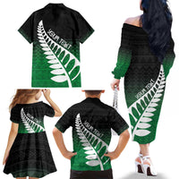 Green Silver Fern Spirit Taniko Tukutuku Personalised Family Matching Off The Shoulder Long Sleeve Dress and Hawaiian Shirt