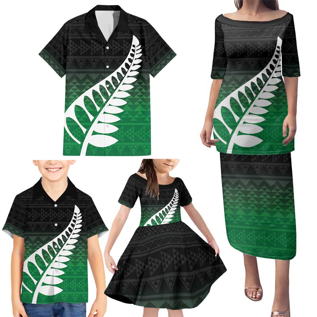 Green Silver Fern Spirit Taniko Tukutuku Personalised Family Matching Puletasi and Hawaiian Shirt