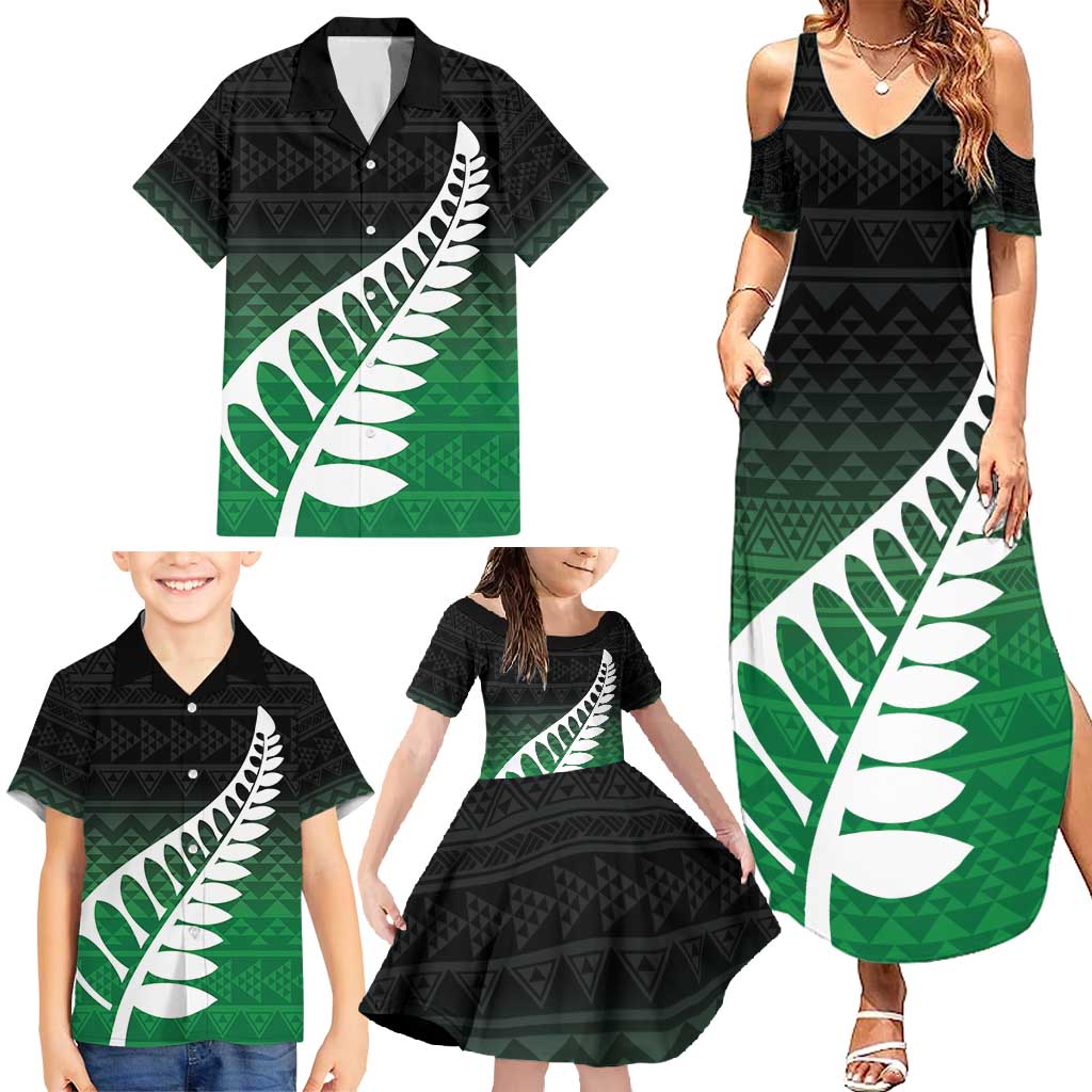 Green Silver Fern Spirit Taniko Tukutuku Personalised Family Matching Summer Maxi Dress and Hawaiian Shirt