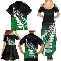 Green Silver Fern Spirit Taniko Tukutuku Personalised Family Matching Summer Maxi Dress and Hawaiian Shirt