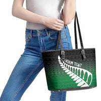 Green Silver Fern Spirit Taniko Tukutuku Personalised Leather Tote Bag
