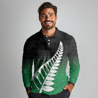 Green Silver Fern Spirit Taniko Tukutuku Personalised Long Sleeve Polo Shirt
