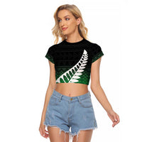 Green Silver Fern Spirit Taniko Tukutuku Personalised Raglan Cropped T Shirt