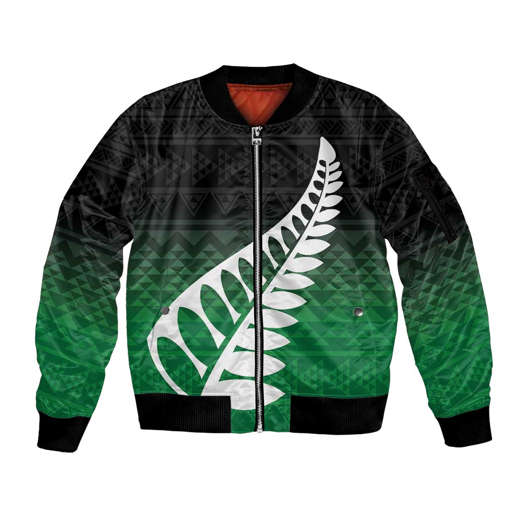 Green Silver Fern Spirit Taniko Tukutuku Personalised Sleeve Zip Bomber Jacket LT9 Unisex Green - Polynesian Pride