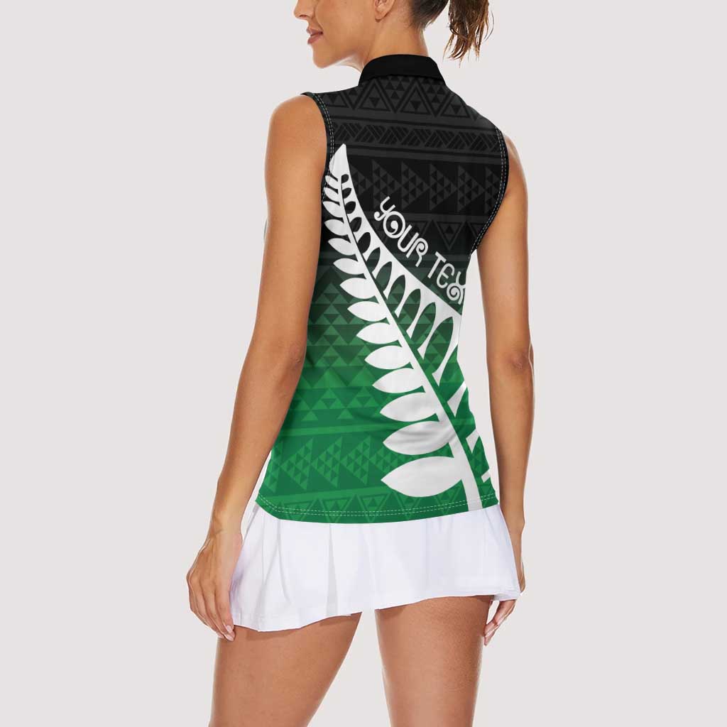 Green Silver Fern Spirit Taniko Tukutuku Personalised Women Sleeveless Polo Shirt