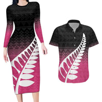 Pink Silver Fern Spirit Taniko Tukutuku Personalised Couples Matching Long Sleeve Bodycon Dress and Hawaiian Shirt