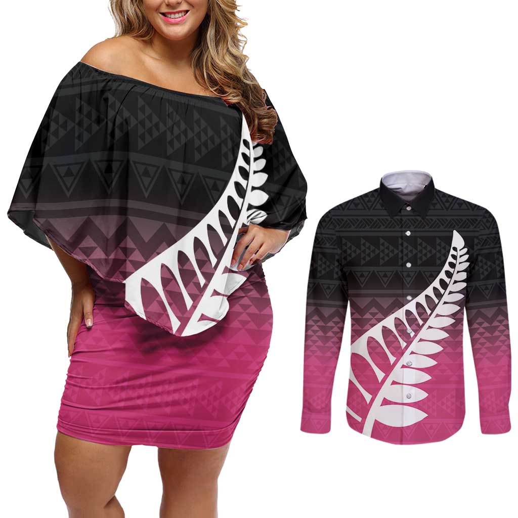 Pink Silver Fern Spirit Taniko Tukutuku Personalised Couples Matching Off Shoulder Short Dress and Long Sleeve Button Shirt
