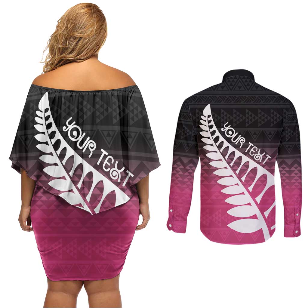 Pink Silver Fern Spirit Taniko Tukutuku Personalised Couples Matching Off Shoulder Short Dress and Long Sleeve Button Shirt