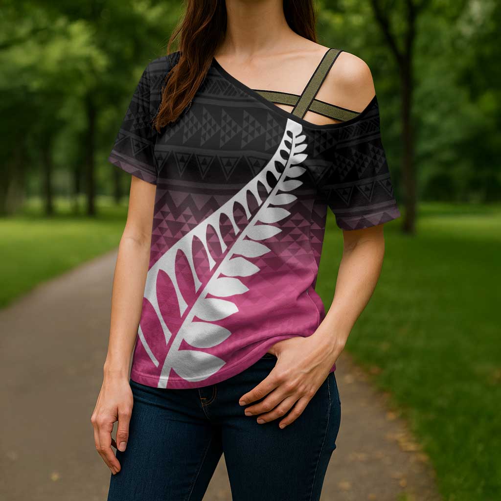 Pink Silver Fern Spirit Taniko Tukutuku Personalised Cross Shoulder Shirt - Polynesian Pride