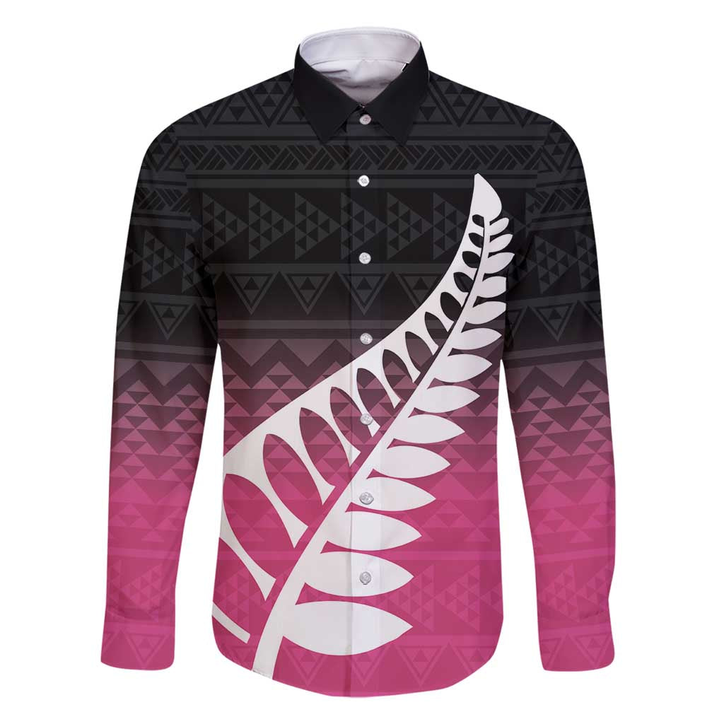 Pink Silver Fern Spirit Taniko Tukutuku Personalised Family Matching Long Sleeve Bodycon Dress and Hawaiian Shirt LT9 Dad's Shirt - Long Sleeve Pink - Polynesian Pride