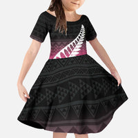 Pink Silver Fern Spirit Taniko Tukutuku Personalised Family Matching Off The Shoulder Long Sleeve Dress and Hawaiian Shirt