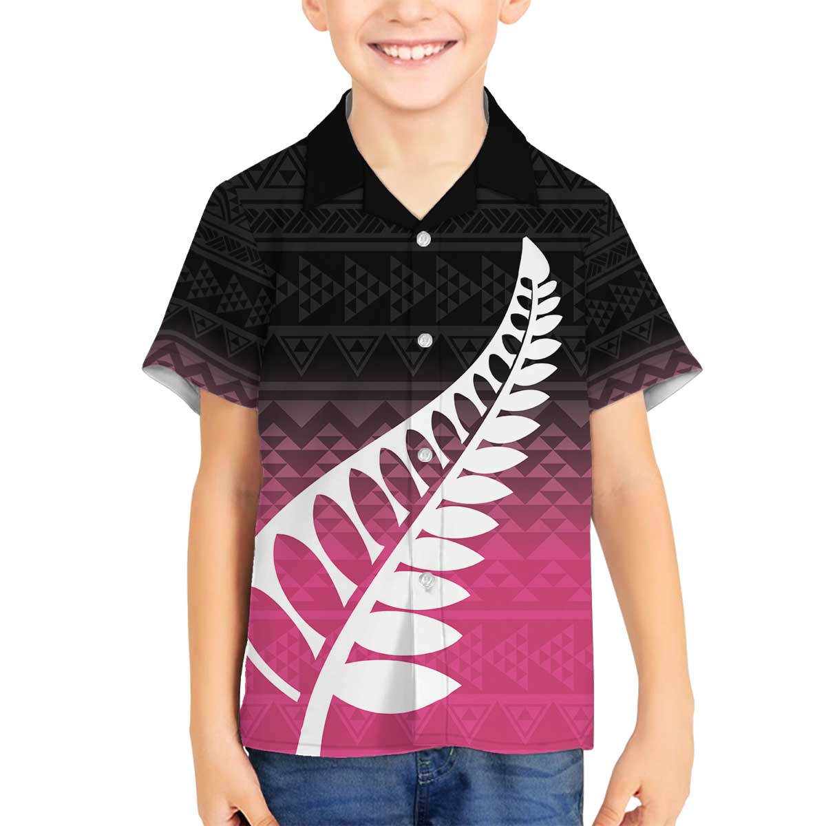 Pink Silver Fern Spirit Taniko Tukutuku Personalised Family Matching Off The Shoulder Long Sleeve Dress and Hawaiian Shirt