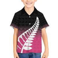 Pink Silver Fern Spirit Taniko Tukutuku Personalised Family Matching Off The Shoulder Long Sleeve Dress and Hawaiian Shirt