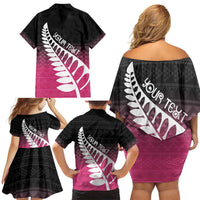 Pink Silver Fern Spirit Taniko Tukutuku Personalised Family Matching Off Shoulder Short Dress and Hawaiian Shirt