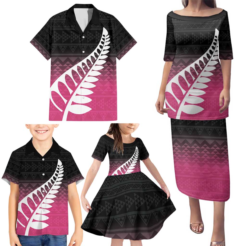 Pink Silver Fern Spirit Taniko Tukutuku Personalised Family Matching Puletasi and Hawaiian Shirt