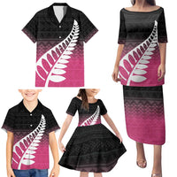 Pink Silver Fern Spirit Taniko Tukutuku Personalised Family Matching Puletasi and Hawaiian Shirt