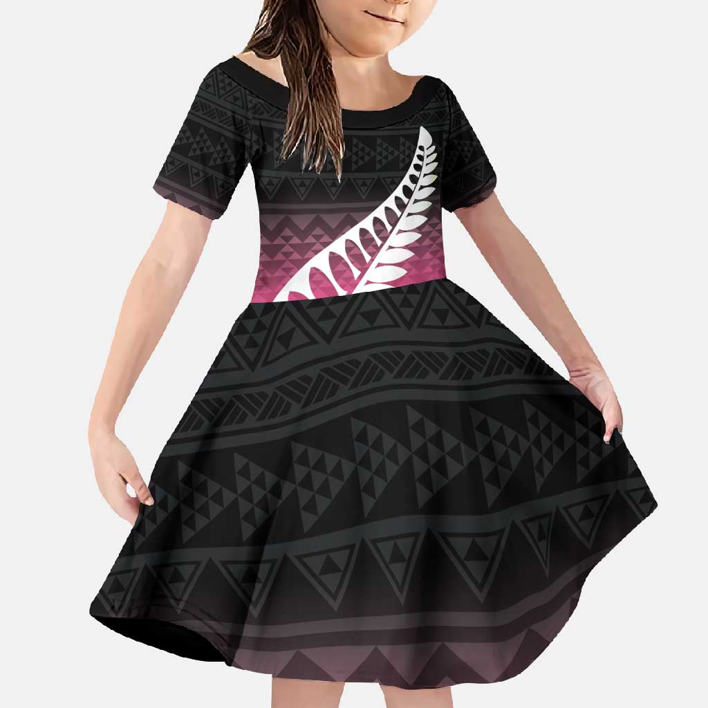Pink Silver Fern Spirit Taniko Tukutuku Personalised Family Matching Short Sleeve Bodycon Dress and Hawaiian Shirt LT9 Daughter's Dress Pink - Polynesian Pride