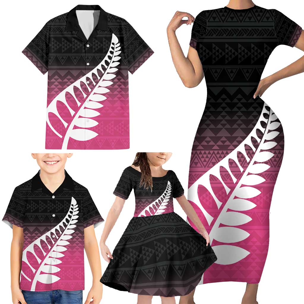 Pink Silver Fern Spirit Taniko Tukutuku Personalised Family Matching Short Sleeve Bodycon Dress and Hawaiian Shirt
