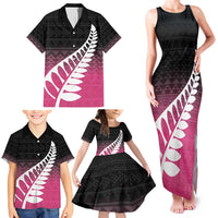 Pink Silver Fern Spirit Taniko Tukutuku Personalised Family Matching Tank Maxi Dress and Hawaiian Shirt
