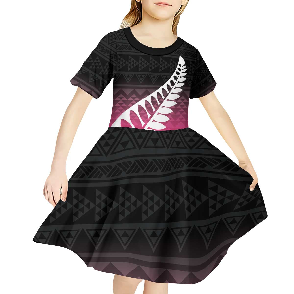 Pink Silver Fern Spirit Taniko Tukutuku Personalised Kid Short Sleeve Dress