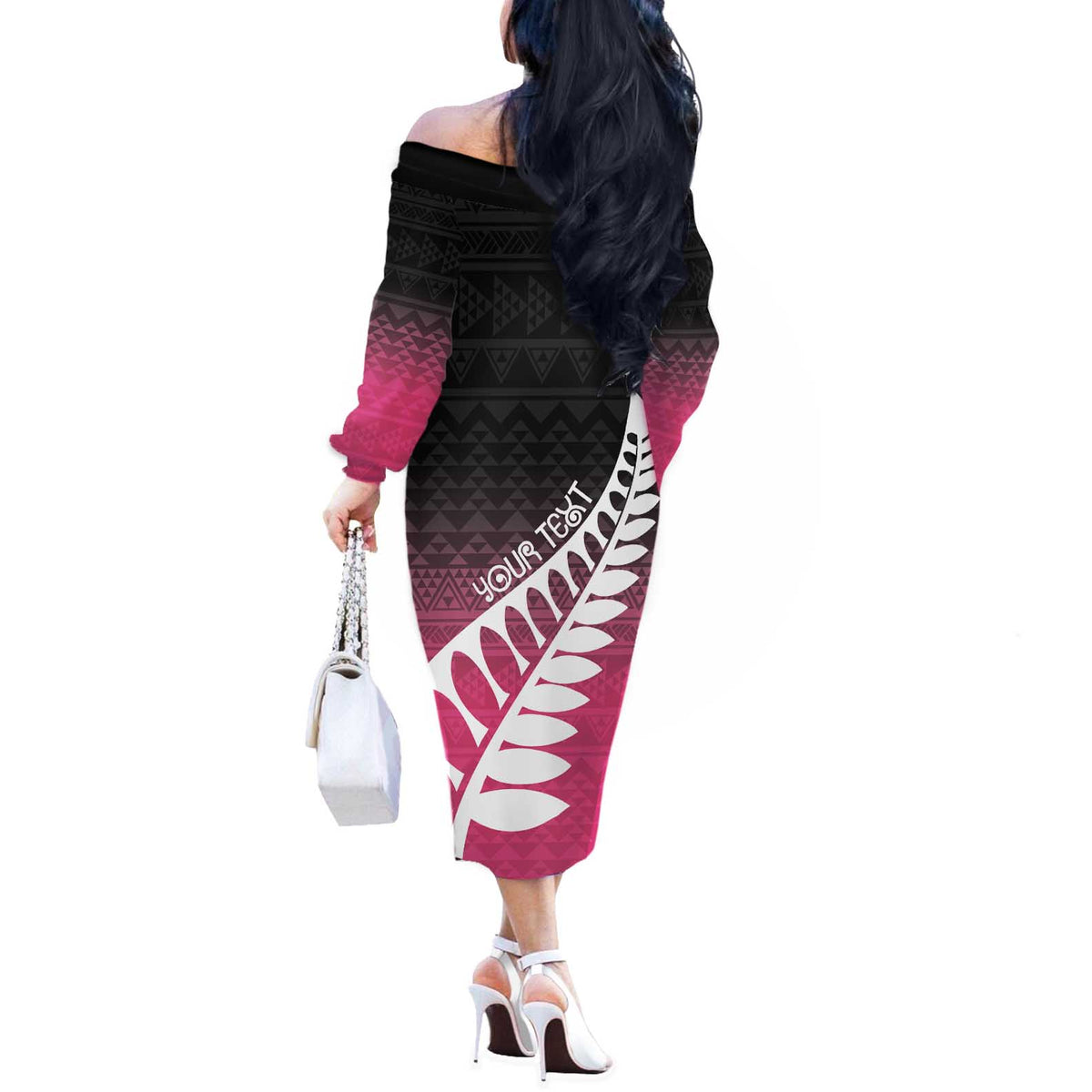 Pink Silver Fern Spirit Taniko Tukutuku Personalised Off The Shoulder Long Sleeve Dress