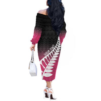 Pink Silver Fern Spirit Taniko Tukutuku Personalised Off The Shoulder Long Sleeve Dress