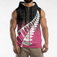 Pink Silver Fern Spirit Taniko Tukutuku Personalised Sleeveless Zip Hoodie - Polynesian Pride