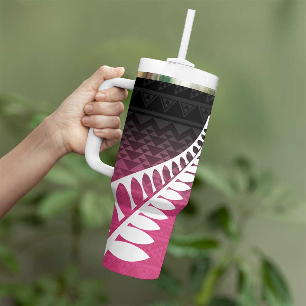 Pink Silver Fern Spirit Taniko Tukutuku Personalised Tumbler With Handle
