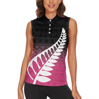 Pink Silver Fern Spirit Taniko Tukutuku Personalised Women Sleeveless Polo Shirt