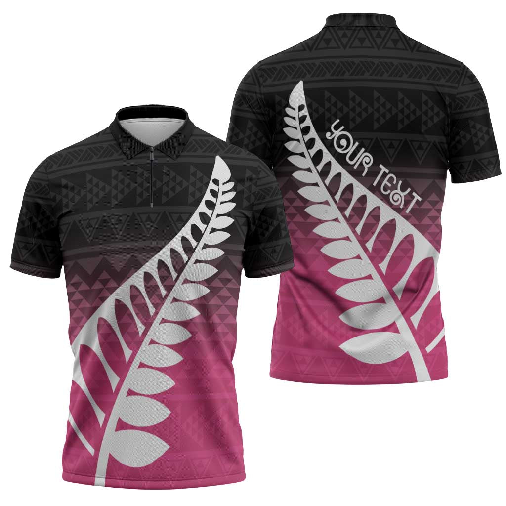 Pink Silver Fern Spirit Taniko Tukutuku Personalised Zipper Polo Shirt - Polynesian Pride